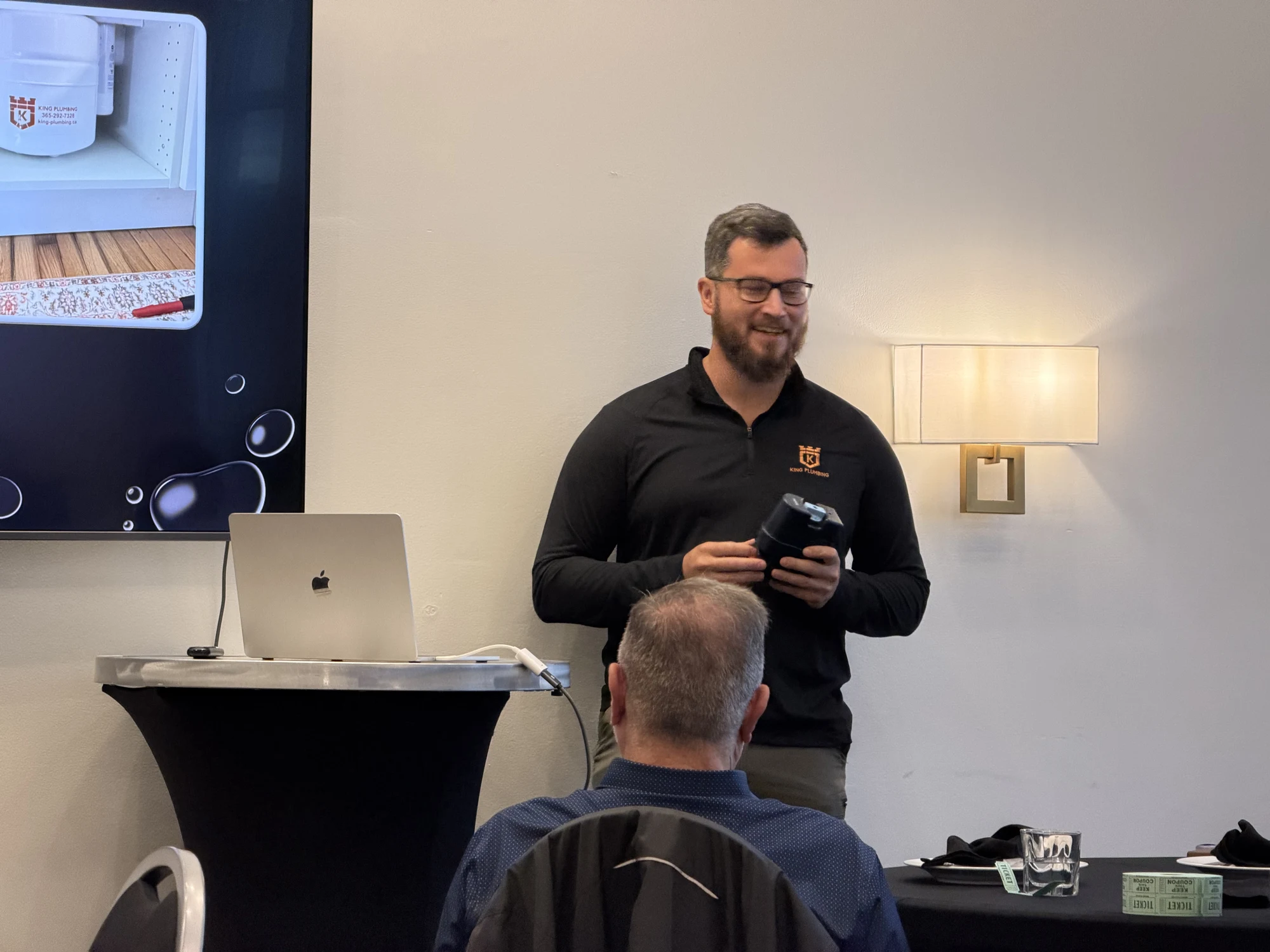 Brent Ringuette of King Plumbing demonstrating water management equipment at the October 23, 2026 BEO meeting